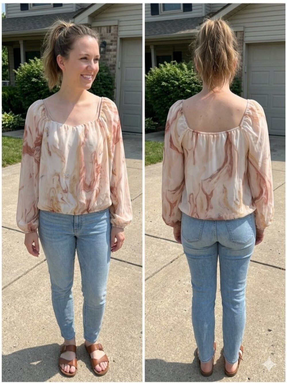 u.peach Marble Print Blouse Large Long Puff Sleeve Square Neck Boho Whimsigoth